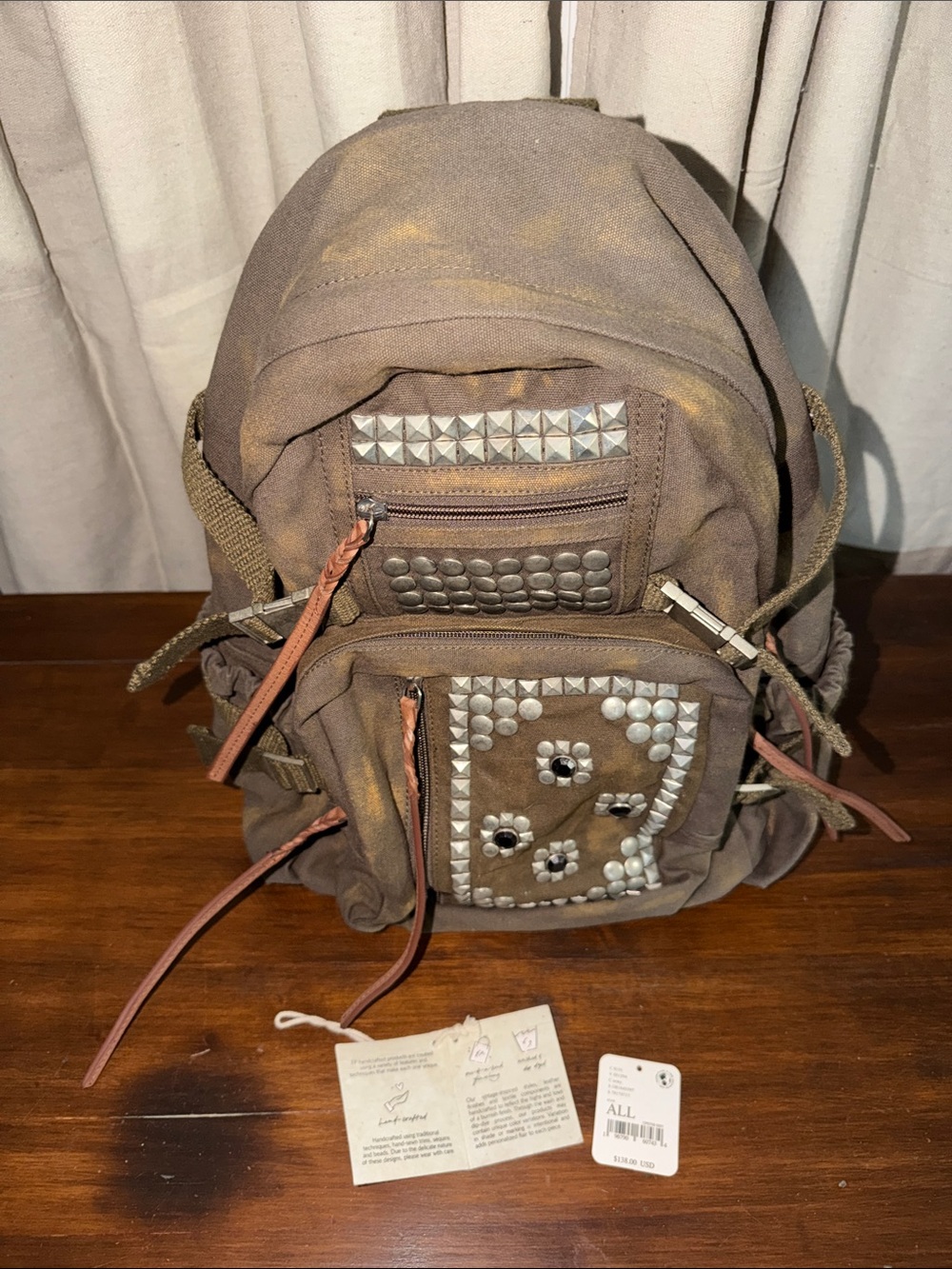 Free People Brown Burnished Finish Studded Canvas Backpack